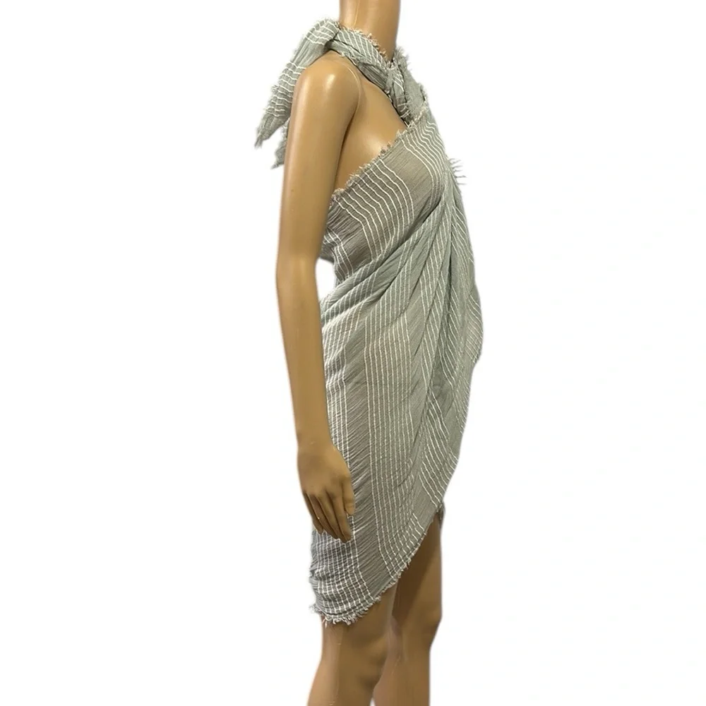 Light Green White Striped Blanket Scarf Wrap Sarong Coverup Raw Hem 32 x 80 Inch